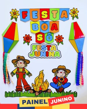 Decoração Festa Junina com balões, bandeirinhas e personagens tradicionais.