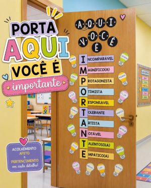 Porta com mensagem motivacional e palavras que representam valores importantes.