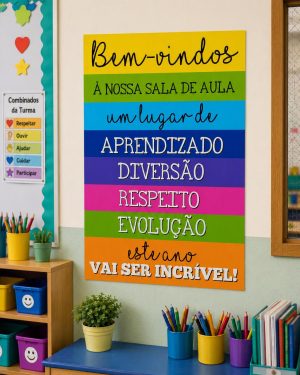 Cartaz colorido de boas-vindas na sala de aula com palavras motivacionais.