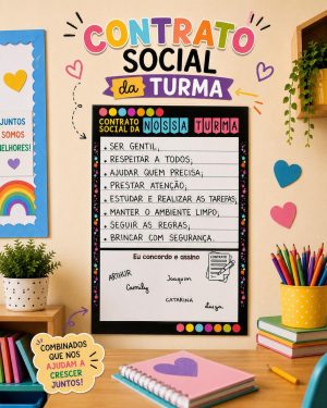 Quadro com contrato social da turma na escola, com regras e valores.