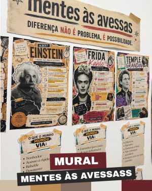 Mural com posters de Einstein, Frida Kahlo e Temple Grandin.