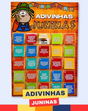 Adivinhas juninas com tema de festa junina e elementos de educação.