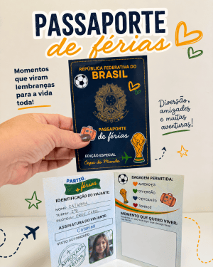 Passaporte de férias com tema da Copa do Mundo e elementos de viagem e diversão.