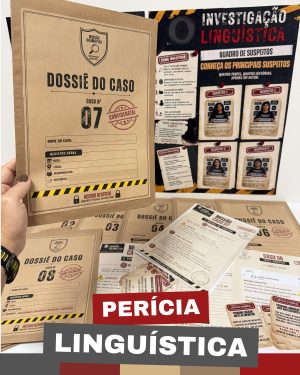 Dossiê do caso de perícia linguística com documentos e painel de suspeitos.