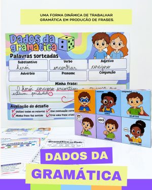 Atividades de gramática para crianças com personagens coloridos.
