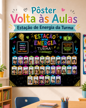Pôster com fotos de estudantes e tema de energia para volta às aulas.