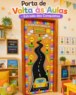 Porta decorada com tema de volta às aulas e estrada colorida para crianças.